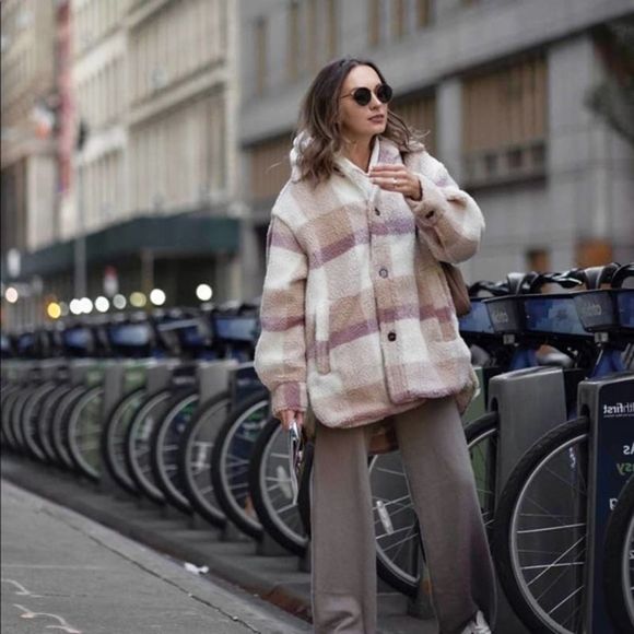 H&M Plaid Pastel Colors Faux Shearling Jacket Lined Warm - Picture 12 of 14